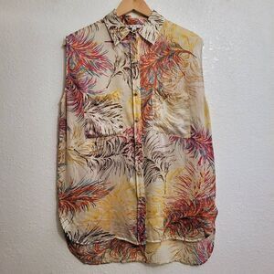 CAbi: 100% Silk  Feather design  Sleeveless Button-down Top: M